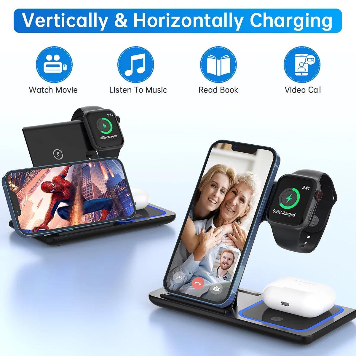 18W Fast Wireless Charger - 3 in 1 Charging Station for iPhone , Apple Watch, AirPods