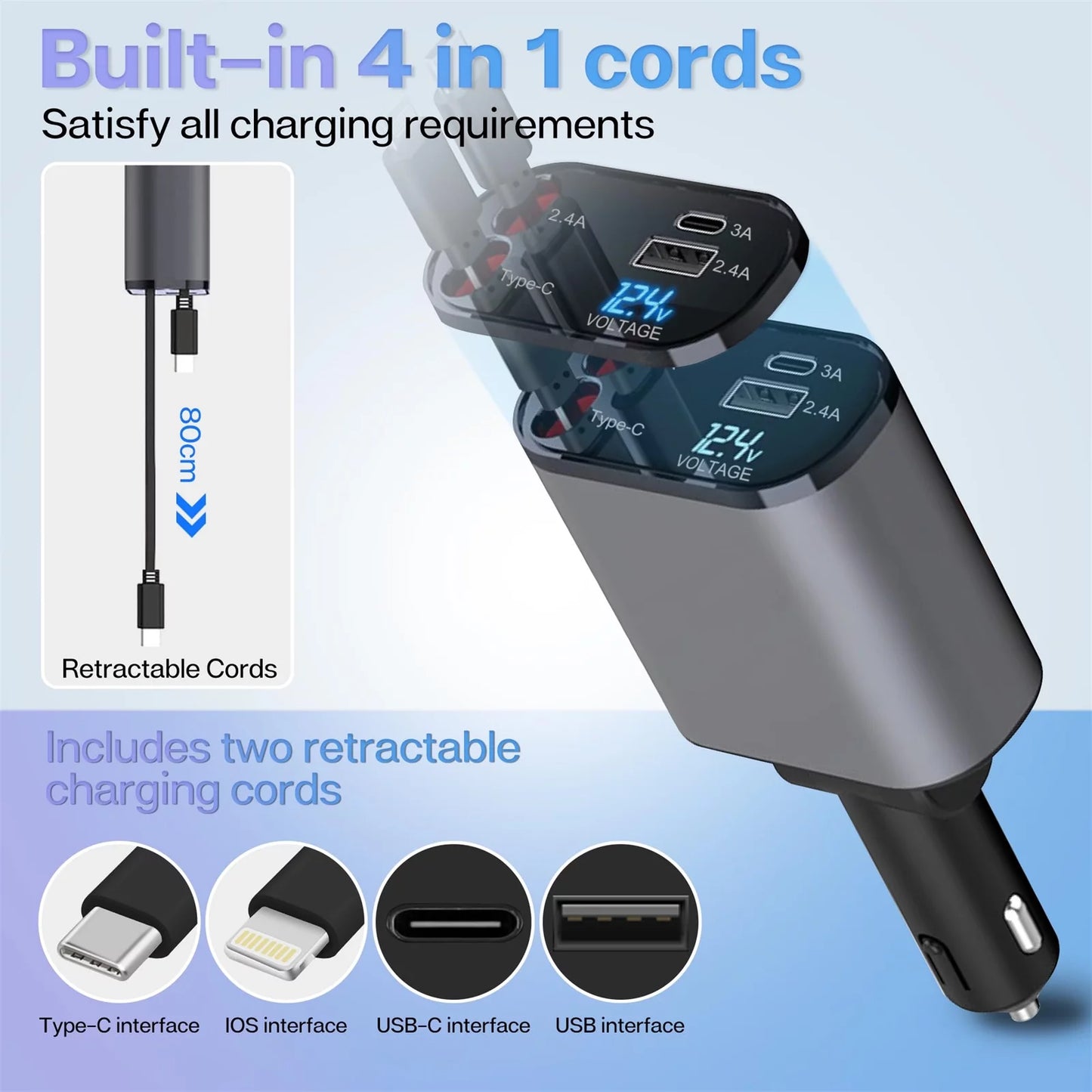 4 in 1 Retractable Car Charger, 100W Fast Charger with Iphone and Type C Cable and 2 Charging Ports