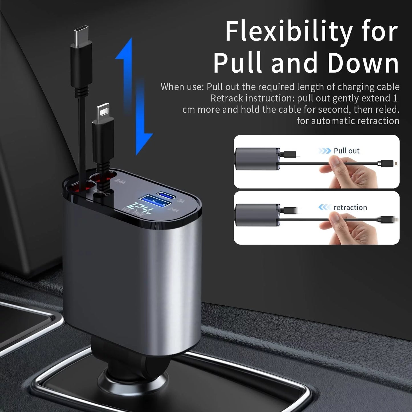 4 in 1 Retractable Car Charger, 100W Fast Charger with Iphone and Type C Cable and 2 Charging Ports