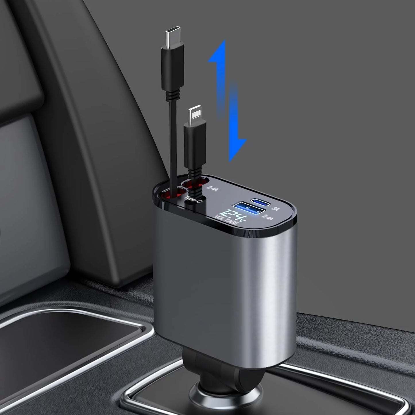 4 in 1 Retractable Car Charger, 100W Fast Charger with Iphone and Type C Cable and 2 Charging Ports