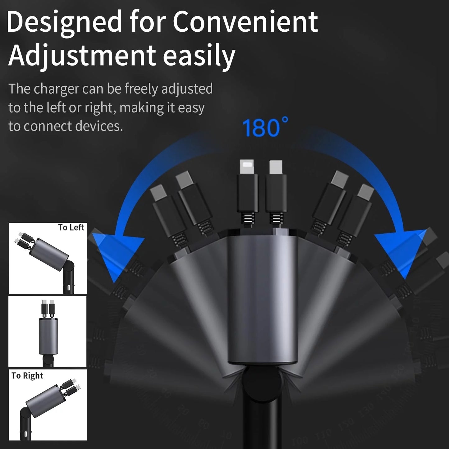 4 in 1 Retractable Car Charger, 100W Fast Charger with Iphone and Type C Cable and 2 Charging Ports