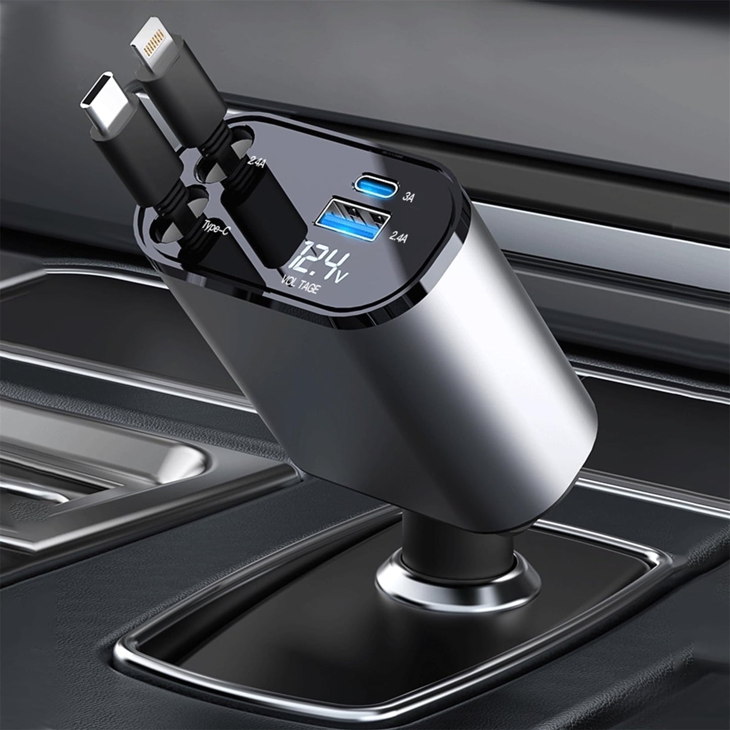 4 in 1 Retractable Car Charger, 100W Fast Charger with Iphone and Type C Cable and 2 Charging Ports