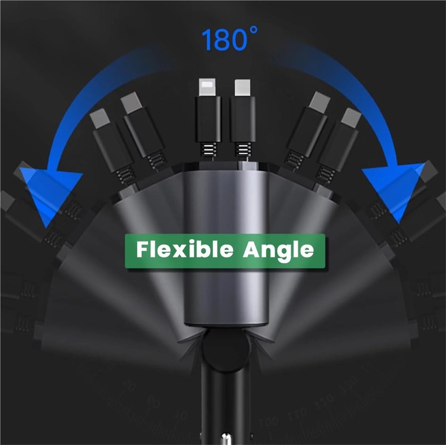 4 in 1 Retractable Car Charger, 100W Fast Charger with Iphone and Type C Cable and 2 Charging Ports