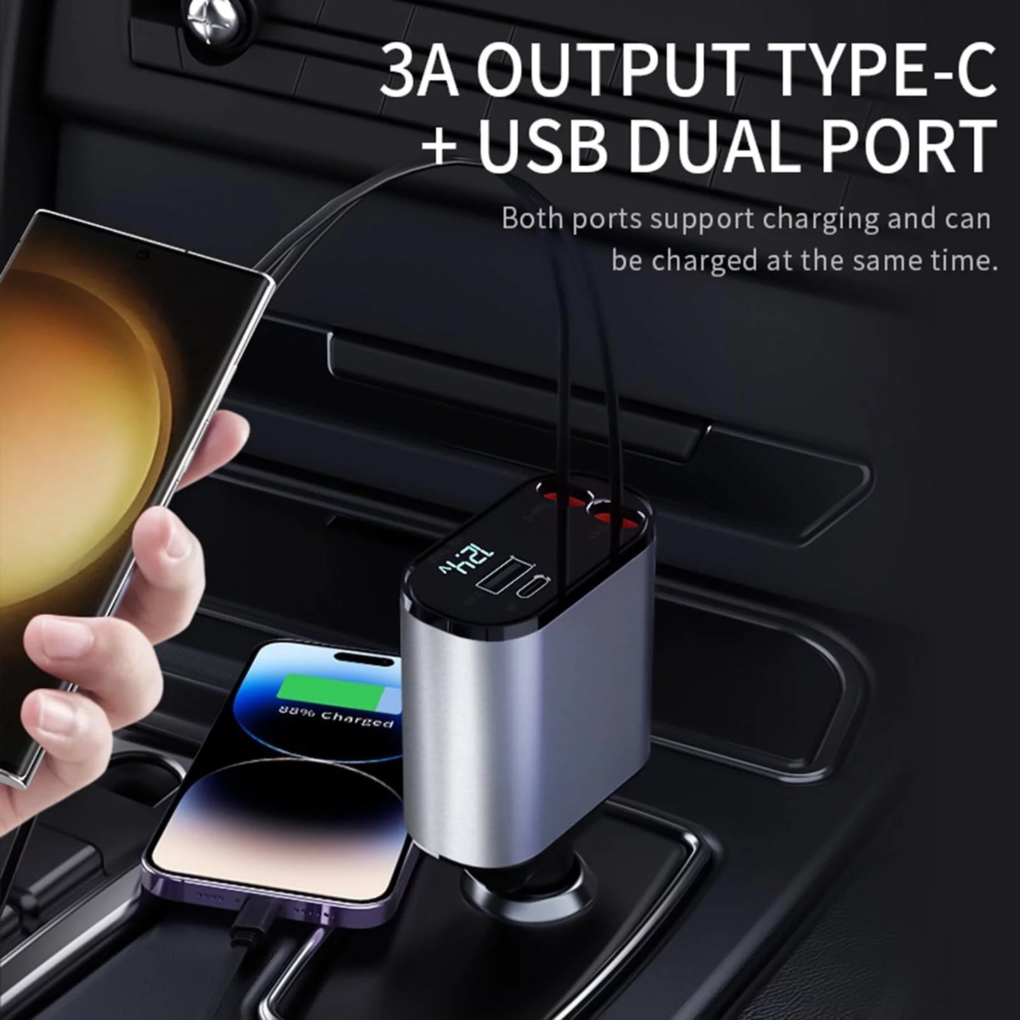 4 in 1 Retractable Car Charger, 100W Fast Charger with Iphone and Type C Cable and 2 Charging Ports