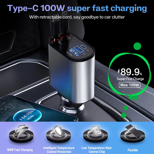 4 in 1 Retractable Car Charger, 100W Fast Charger with Iphone and Type C Cable and 2 Charging Ports