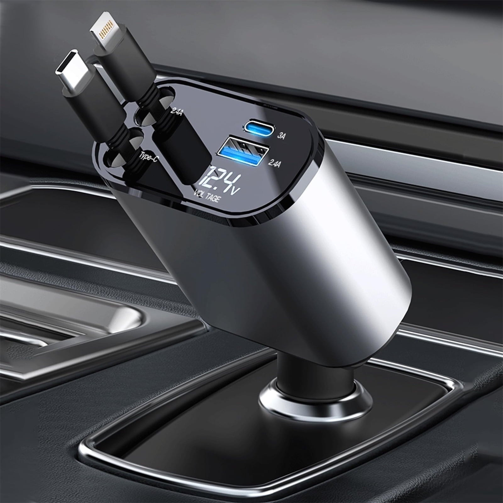 4 in 1 Retractable Car Charger, 100W Fast Charger with Iphone and Type C Cable and 2 Charging Ports