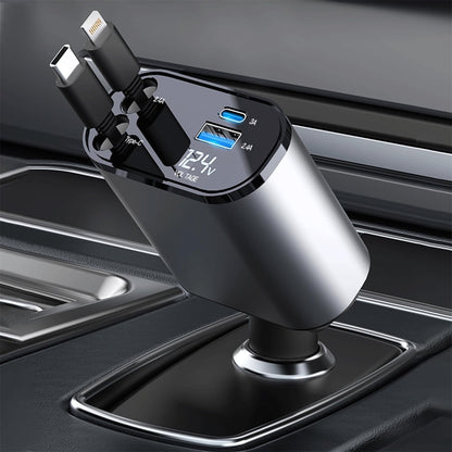 4 in 1 Retractable Car Charger, 100W Fast Charger with Iphone and Type C Cable and 2 Charging Ports