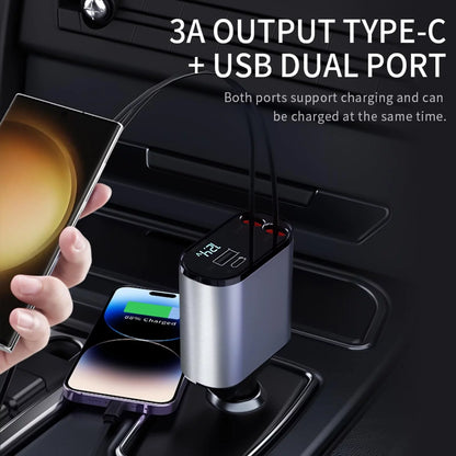 4 in 1 Retractable Car Charger, 100W Fast Charger with Iphone and Type C Cable and 2 Charging Ports